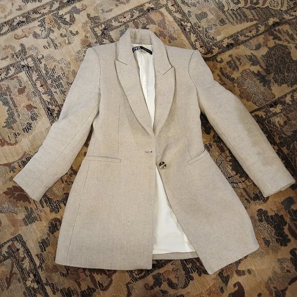 ZARA Wool Blend Single Breasted Tan/Cream Coat XS - Picture 3 of 13